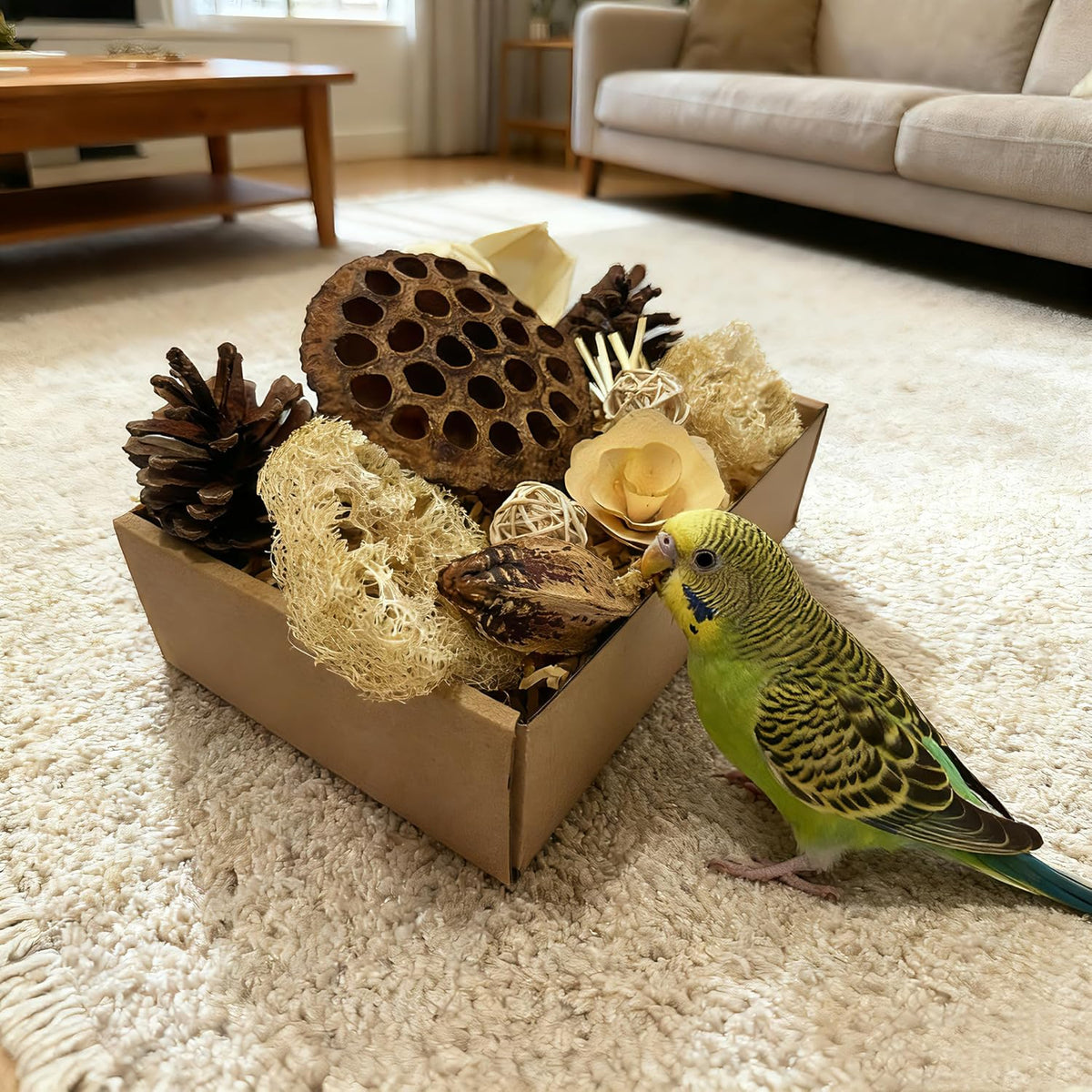 PINEPOP bird enrichment toy box being placed inside a large bird cage.