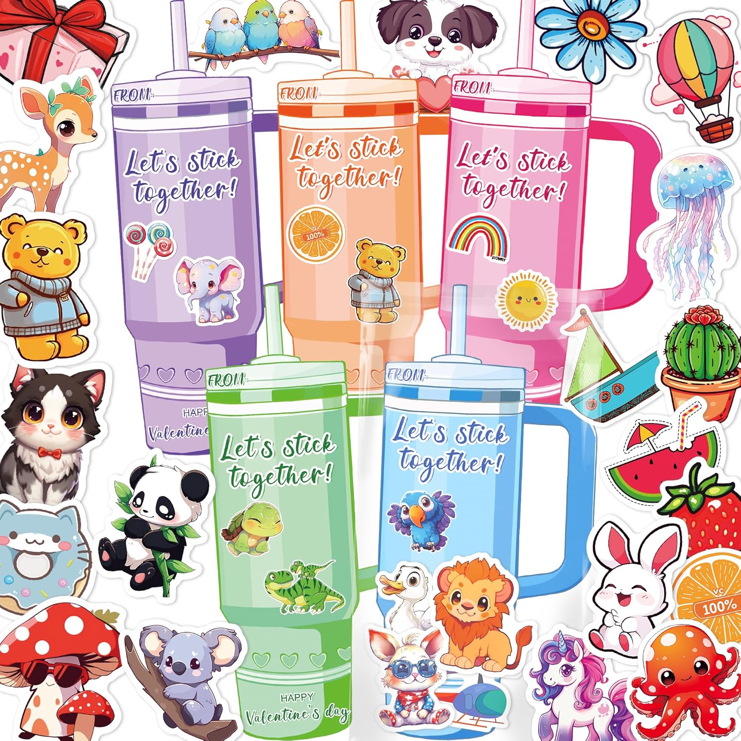 JX AYGXU Valentines Day cards and stickers classroom exchange kit front view showcasing cartoon decals.