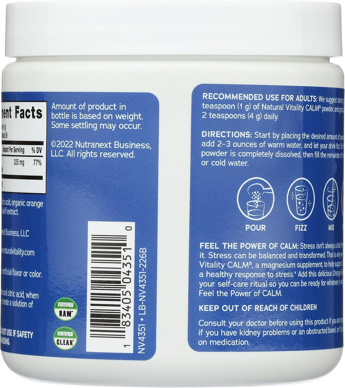 Natural Vitality orange flavor supplement label details