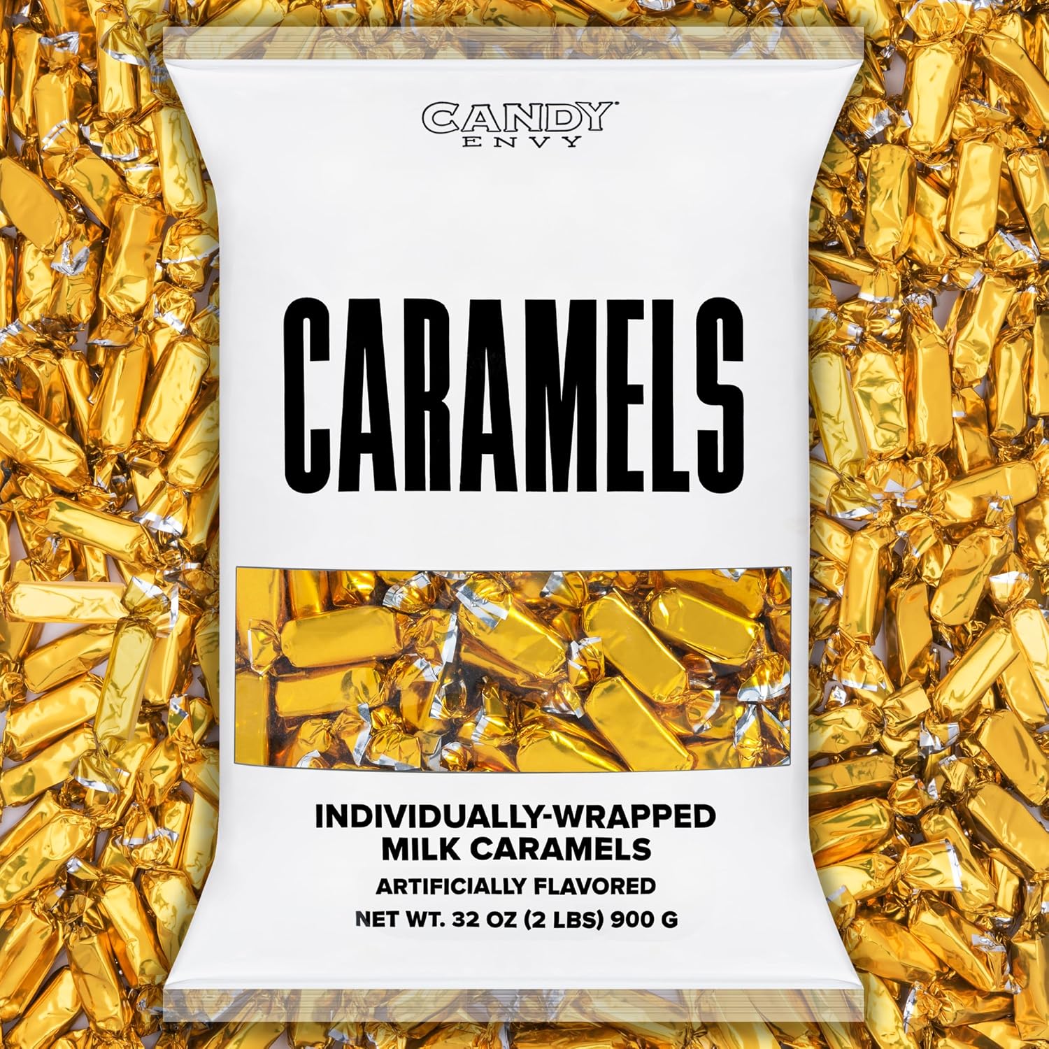 Candy Envy gold foil wrapped caramels front view package