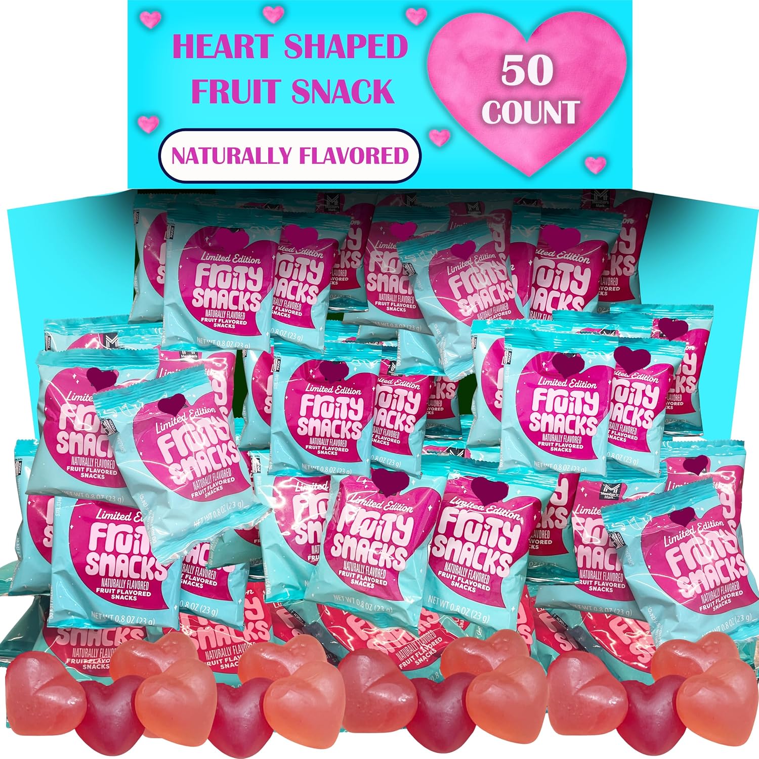 Partypom heart candy fruit snacks front view of the bulk package.