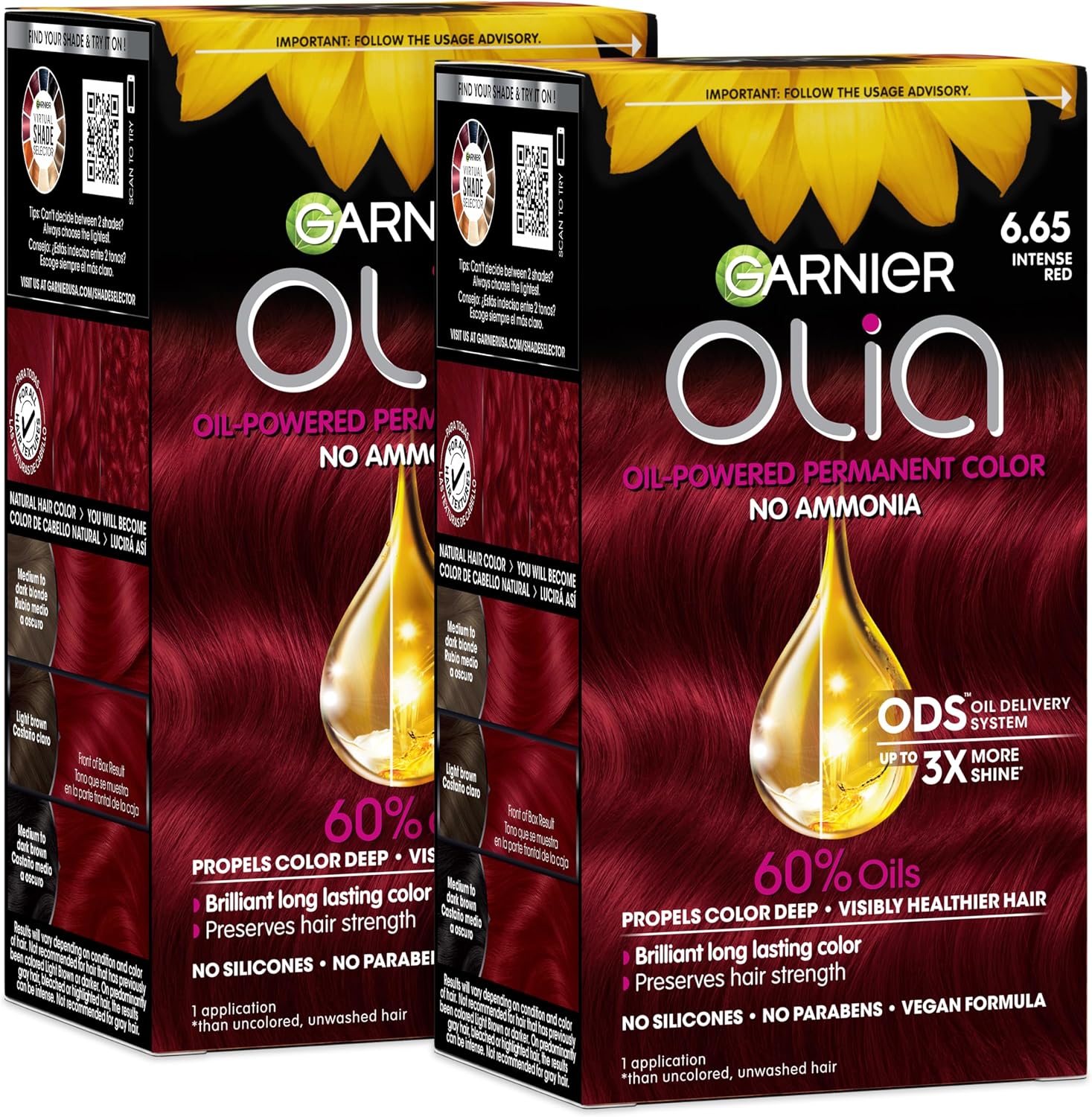 Garnier Olia hair color front view showing 6.65 Intense Red shade box.