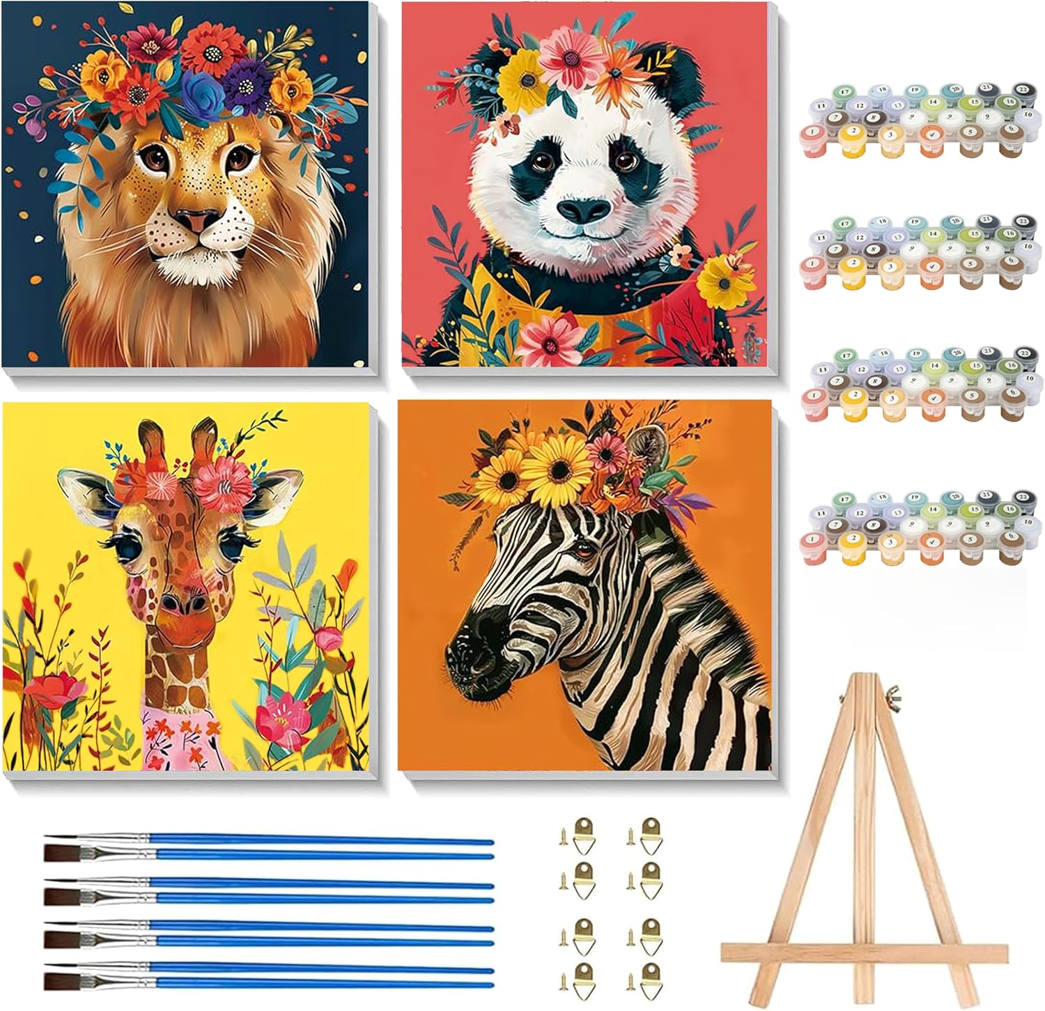 Yunruily 4 Pack Paint by Numbers Kit for Kids front view showing four framed animal canvases on display.