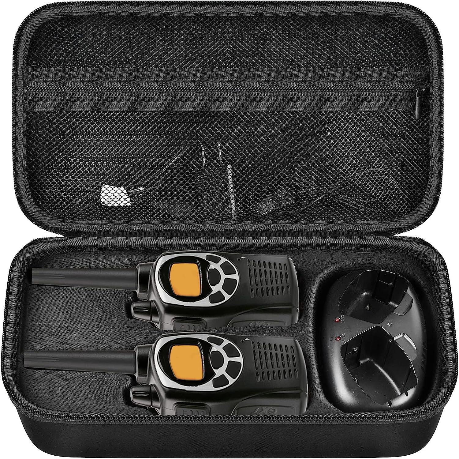 ANKHOH walkie talkie case holder front view showing black hard shell exterior.