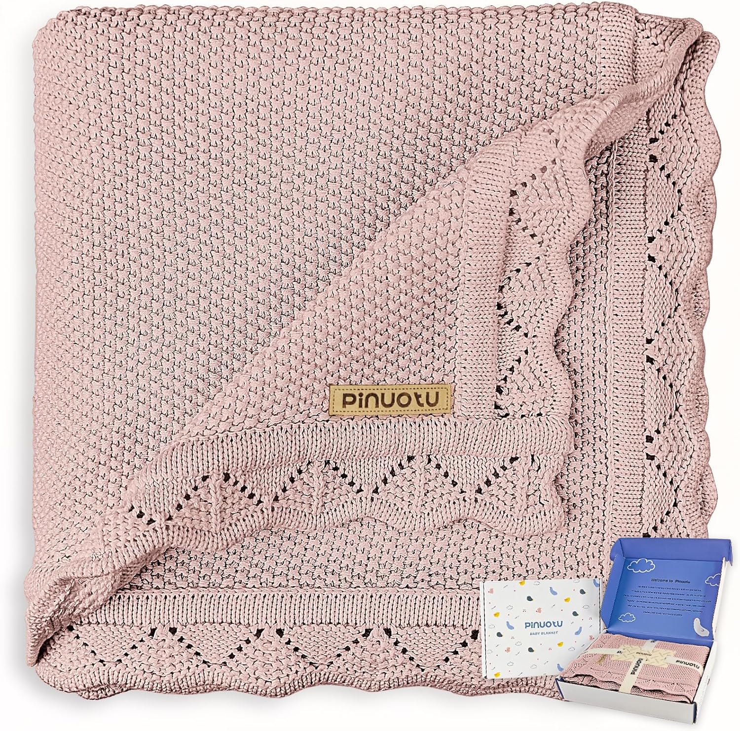 Pinuotu knitted baby blanket dusty rose front view