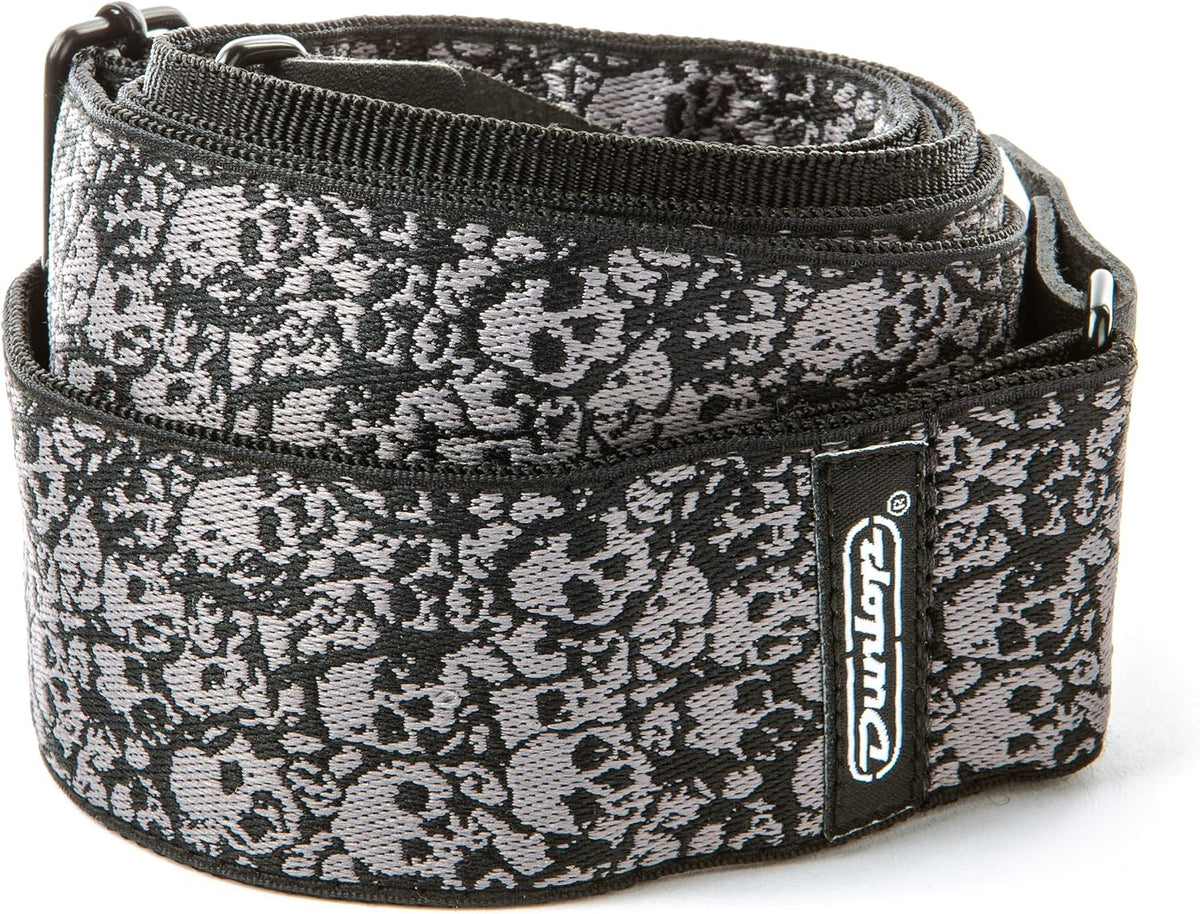 Jim Dunlop Jacquard Catacomb Guitar Strap front view showing gray and black skull pattern