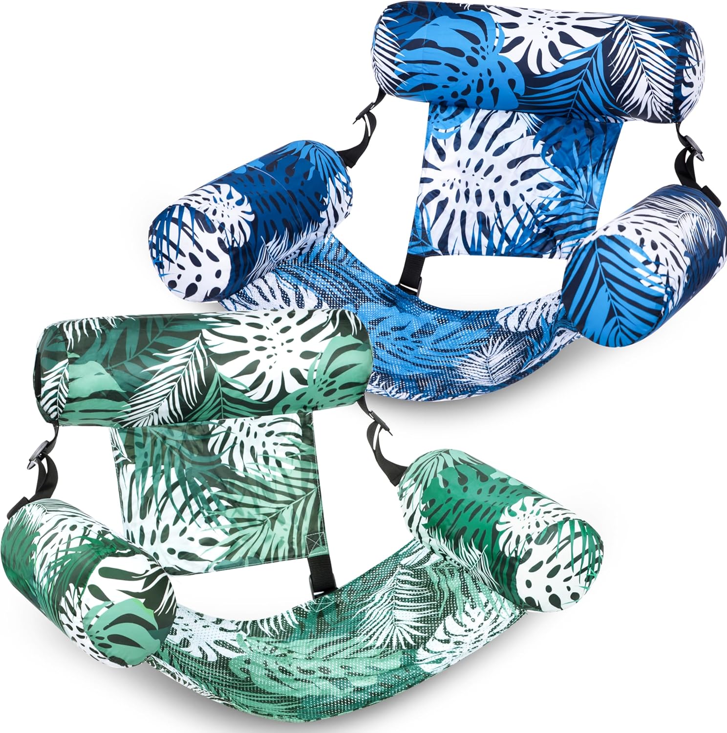 Sloosh inflatable pool float chairs front view displaying tropical flower design fabric cover.