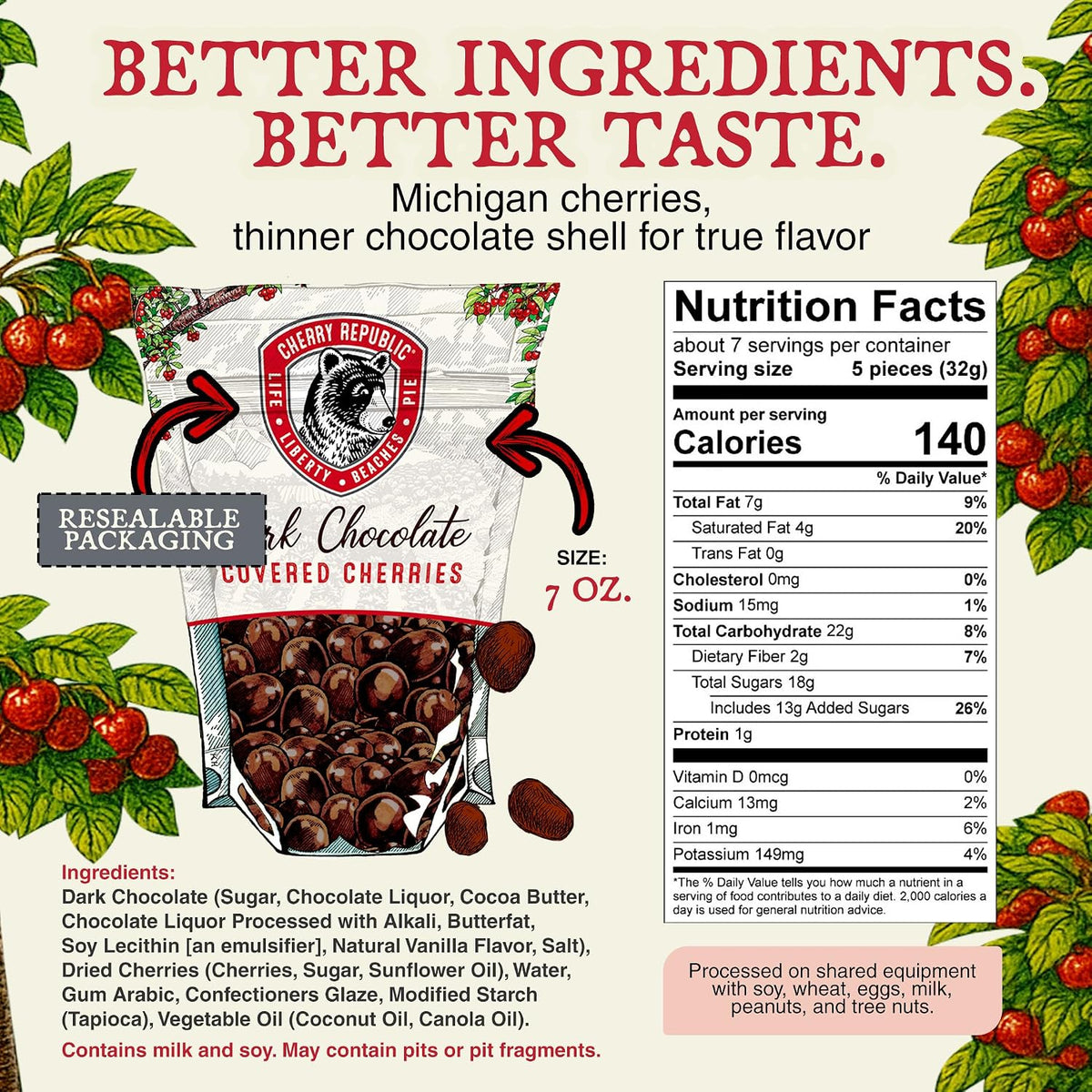 Close up of premium dark chocolate covered dried cherries