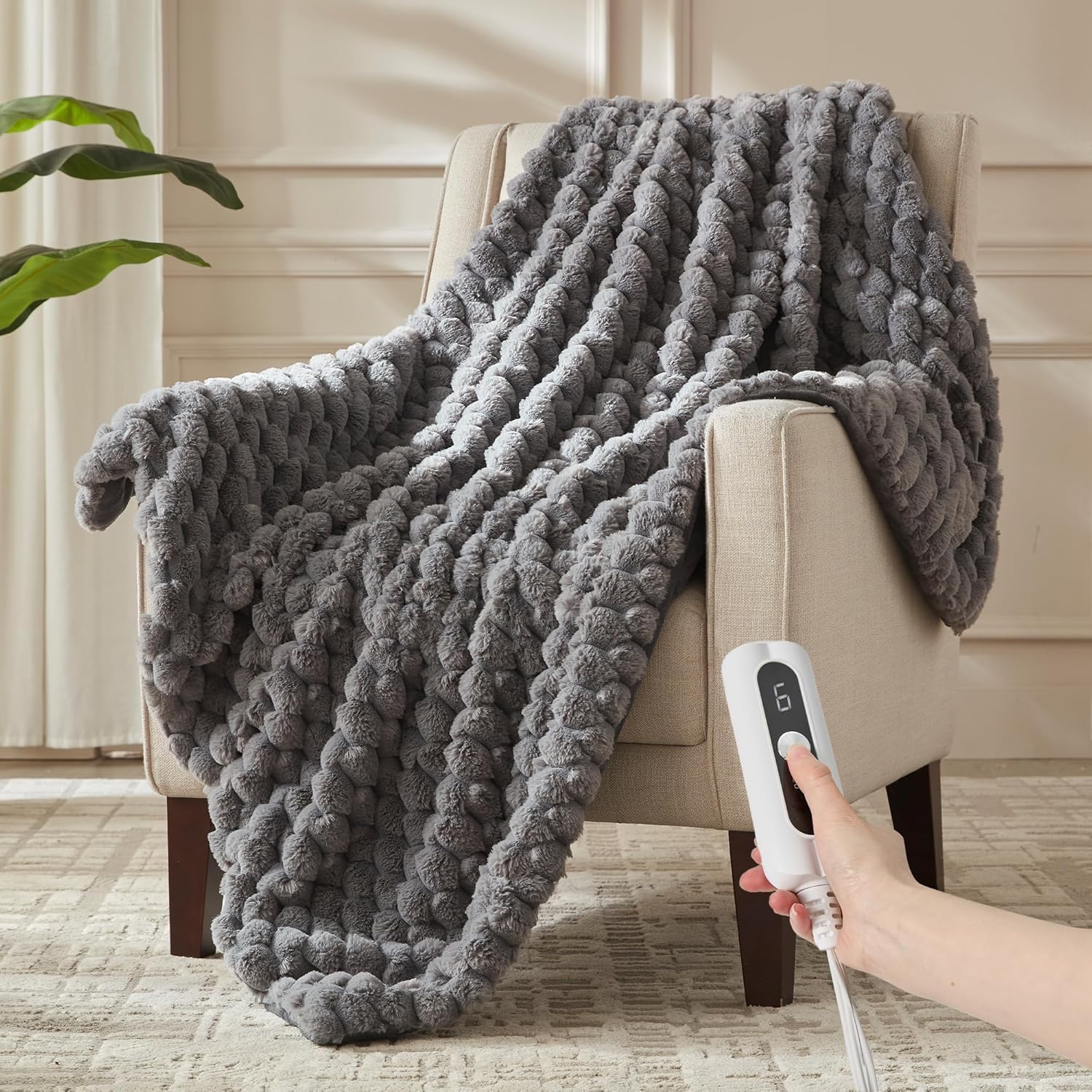 Accu-Warmth heated throw blanket front view in London Grey