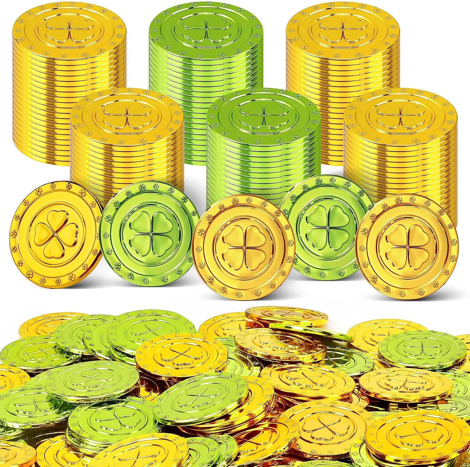 Vicroic St Patricks Day Shamrock Coins front view of gold and green plastic tokens showing embossed four leaf clover design