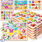 SYNARRY wooden puzzles for toddlers front view of six piece educational set stacked in the included metal storage rack.