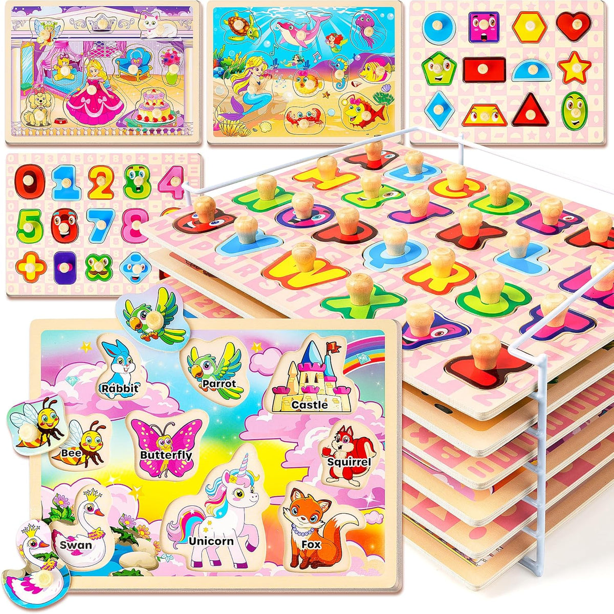 SYNARRY wooden puzzles for toddlers front view of six piece educational set stacked in the included metal storage rack.