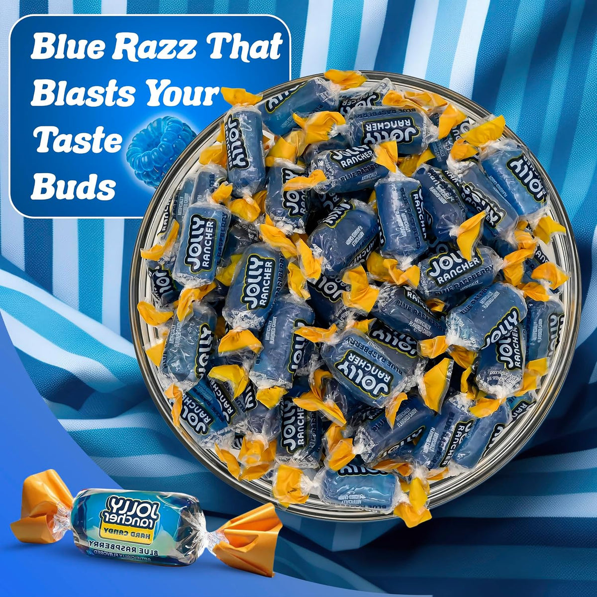 Top view of blue raspberry candy assortment for candy buffets
