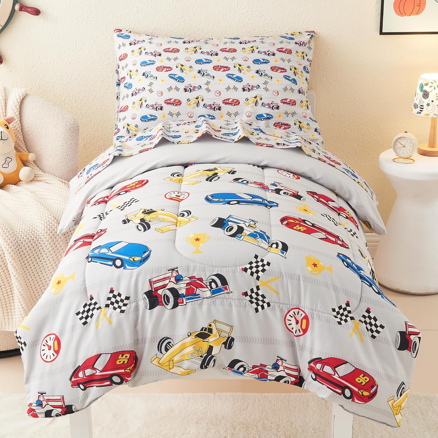 Mooreeke 4 Pieces Toddler Bedding Set front view featuring race cars on grey comforter