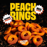 Close up of spicy chamoy coating on peach rings