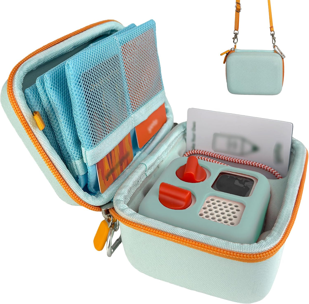 Amiumuca hard travel case for Yoto Mini showing the light green hard exterior shield