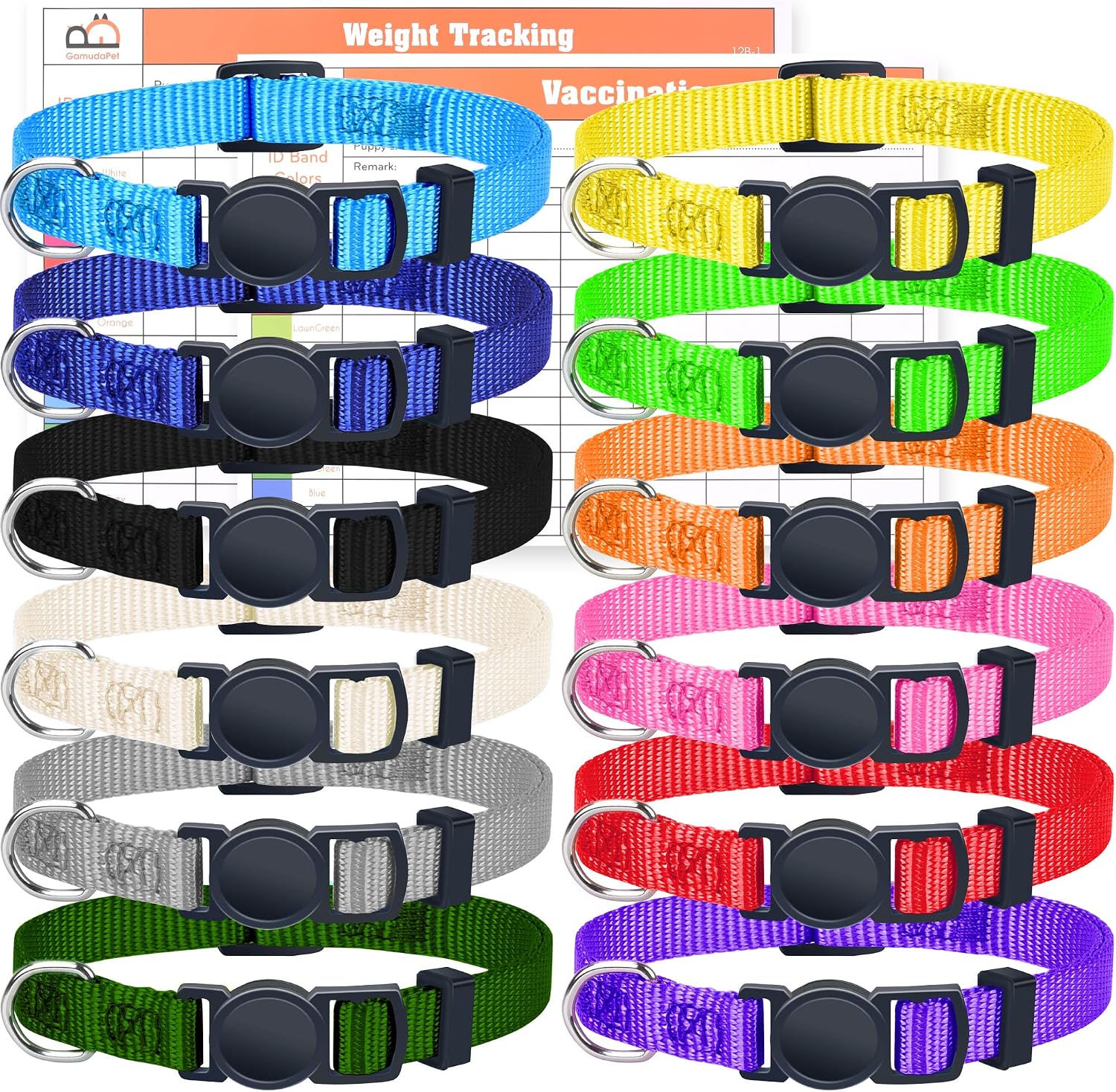 GAMUDA Puppy Identification Collars pack of 12 front view showing assorted vibrant colors.