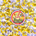 Imported American sugar free lemon drops stored in a clear glass candy jar.
