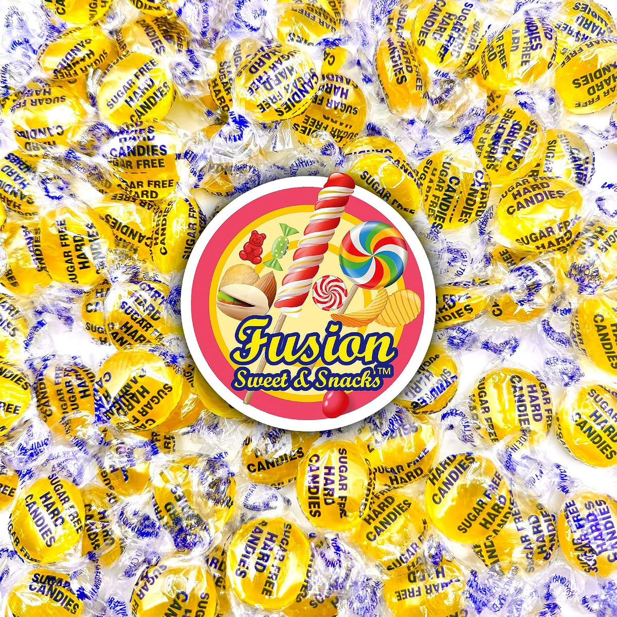 Imported American sugar free lemon drops stored in a clear glass candy jar.