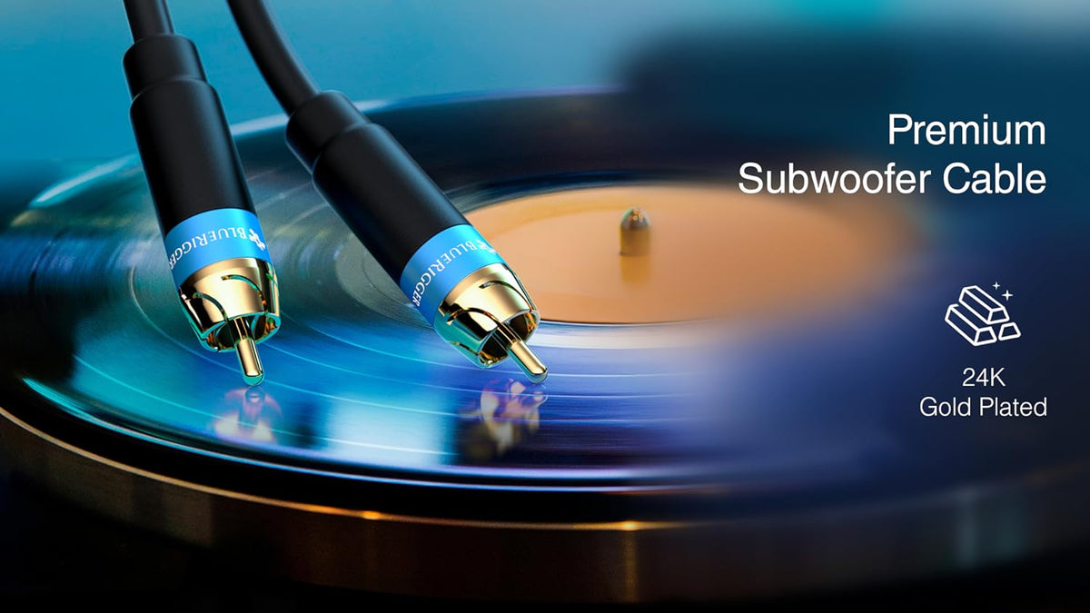Full length view of 15ft BlueRigger RCA subwoofer cable
