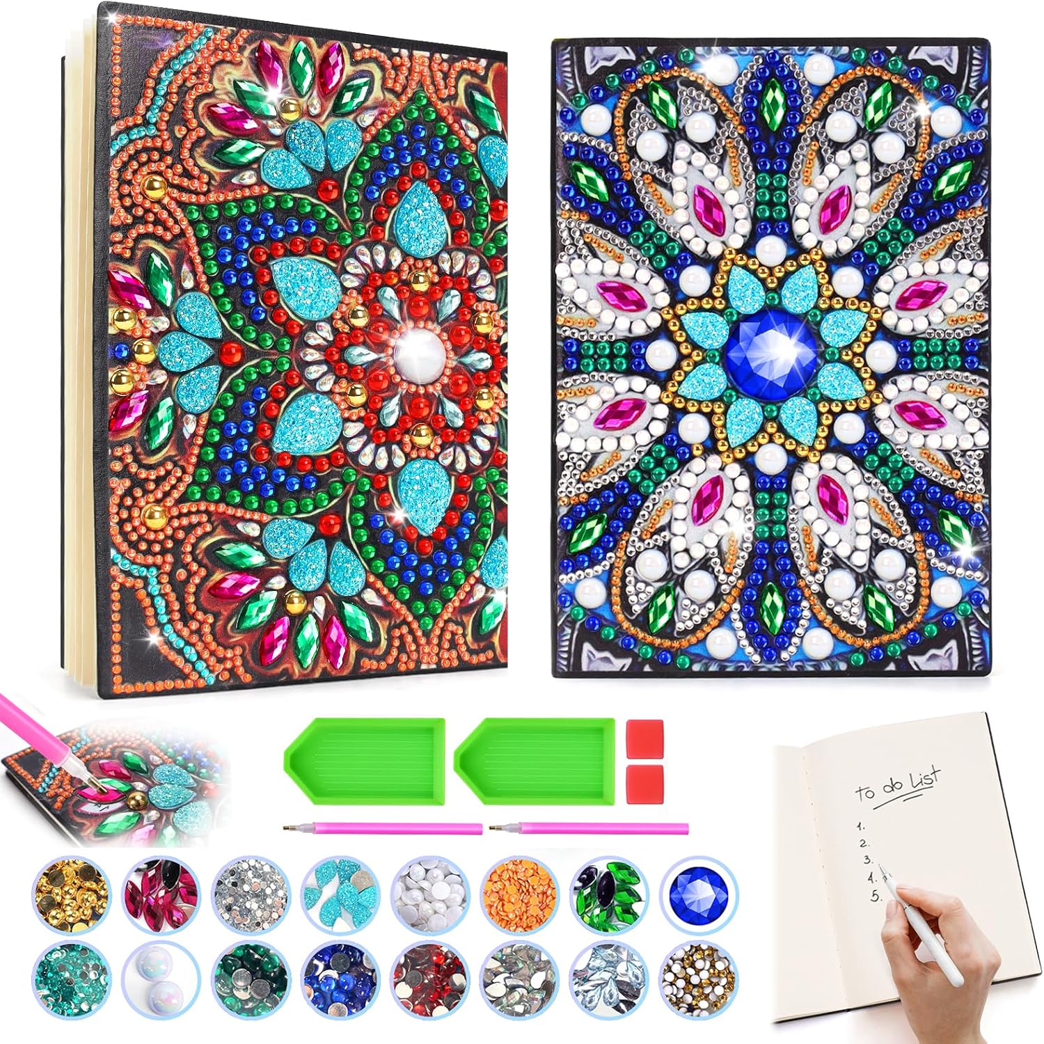 Micaracy diamond art painting notebook kit front view showcasing two completed mandala crystal journal covers.