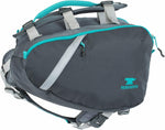 Side view of the Mountainsmith canine backpack showing the water-resistant zipper compartments and reflective trim panels.