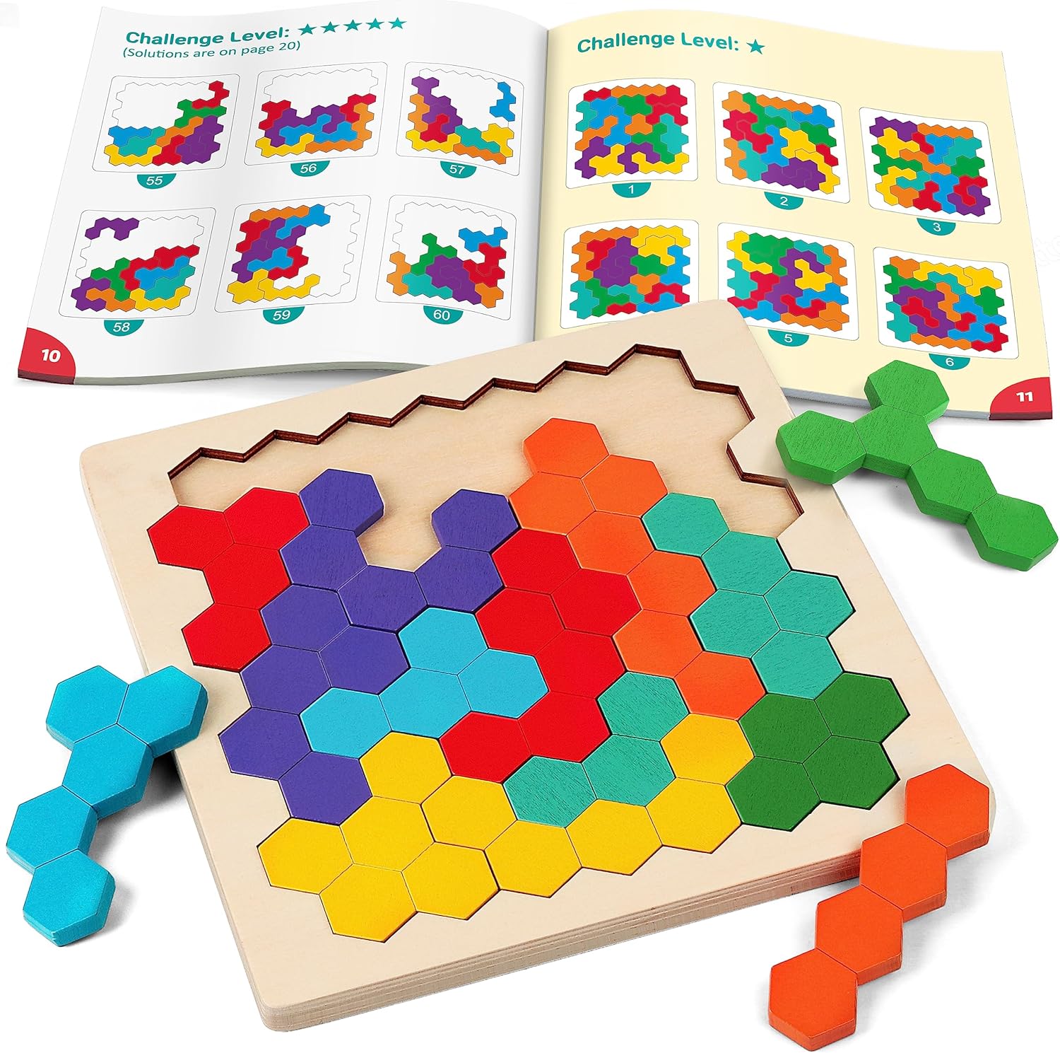 Coogam Wooden Tangram Puzzle front view showing sixteen colorful geometric pieces arranged inside the hexagonal tray