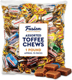 One pound candy bag filled with assorted vanilla chocolate coffee rum and mint toffees