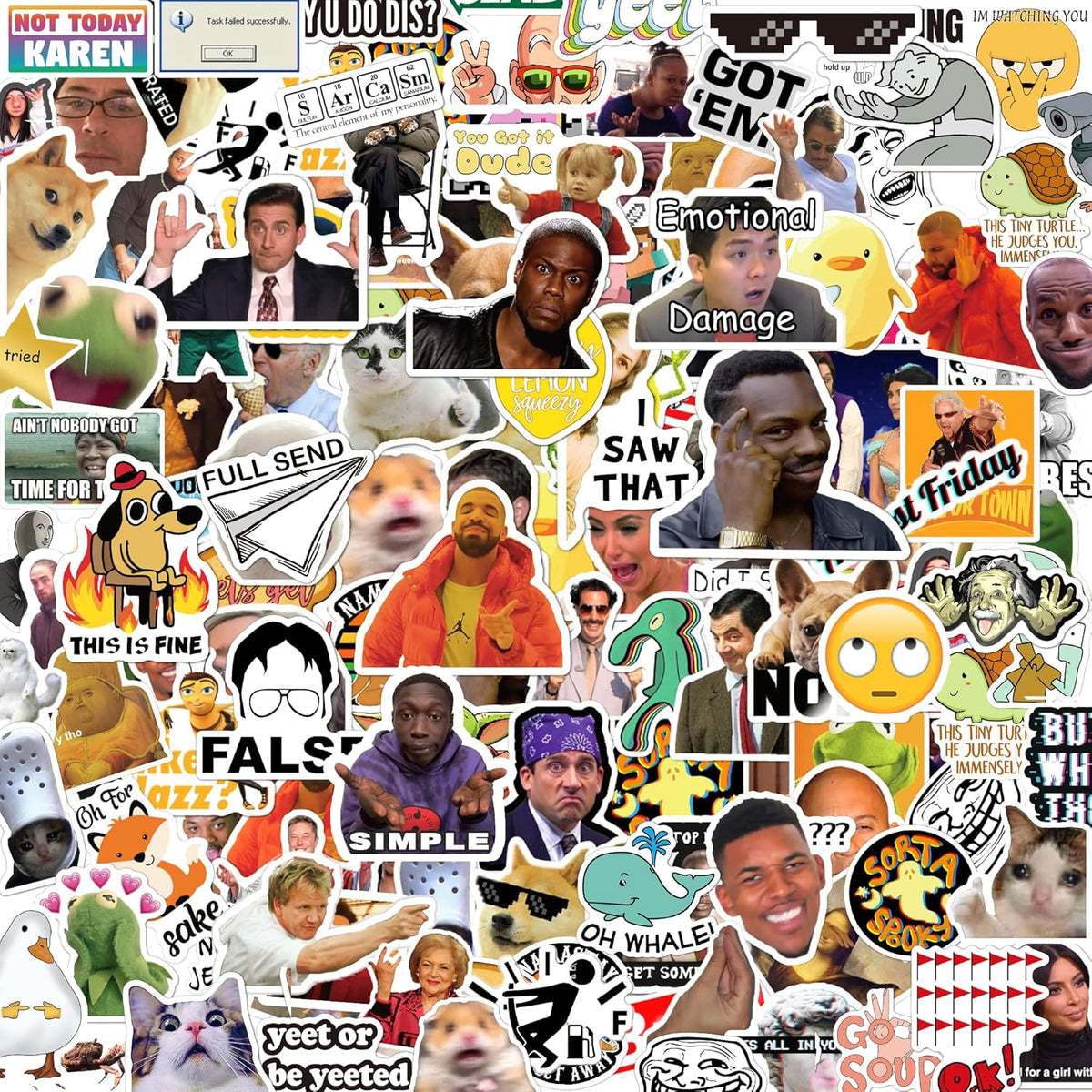 Puraesla funny meme vinyl stickers pack front view featuring diverse viral internet culture decals.