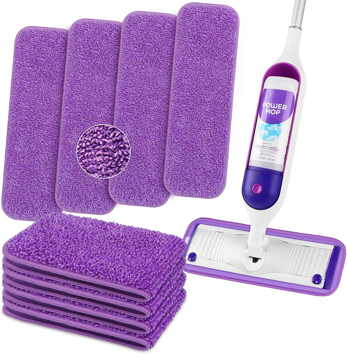 HOMEXCEL reusable microfiber mop pads eight pack front view shown on a premium spray mop.