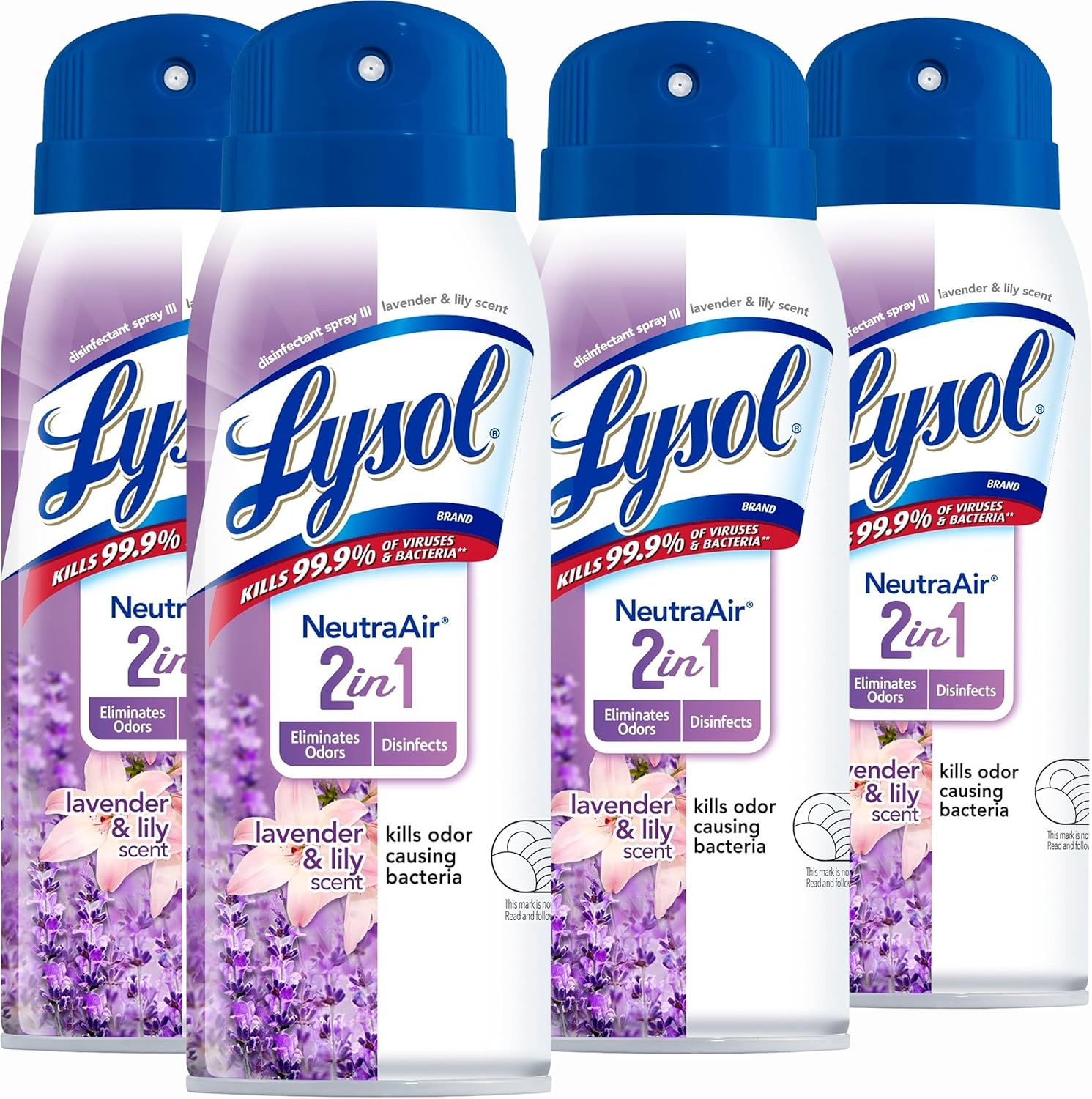 Lysol Neutra Air 2 In 1 Disinfectant Spray Lavender and Lily 4 Pack front view for home sanitization.