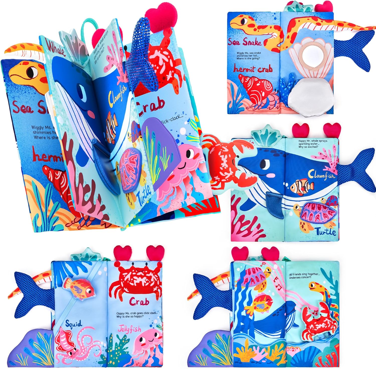 JoyCat Baby Ocean Tummy Time Sensory Cloth Book front view featuring 3D crab and bright blue colors.