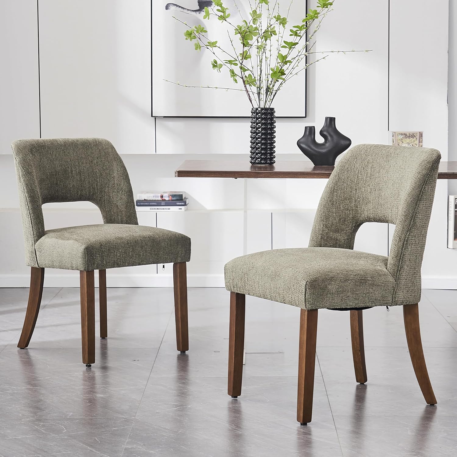 VKNOW wooden dining chairs set of 2 front view in green color fabric