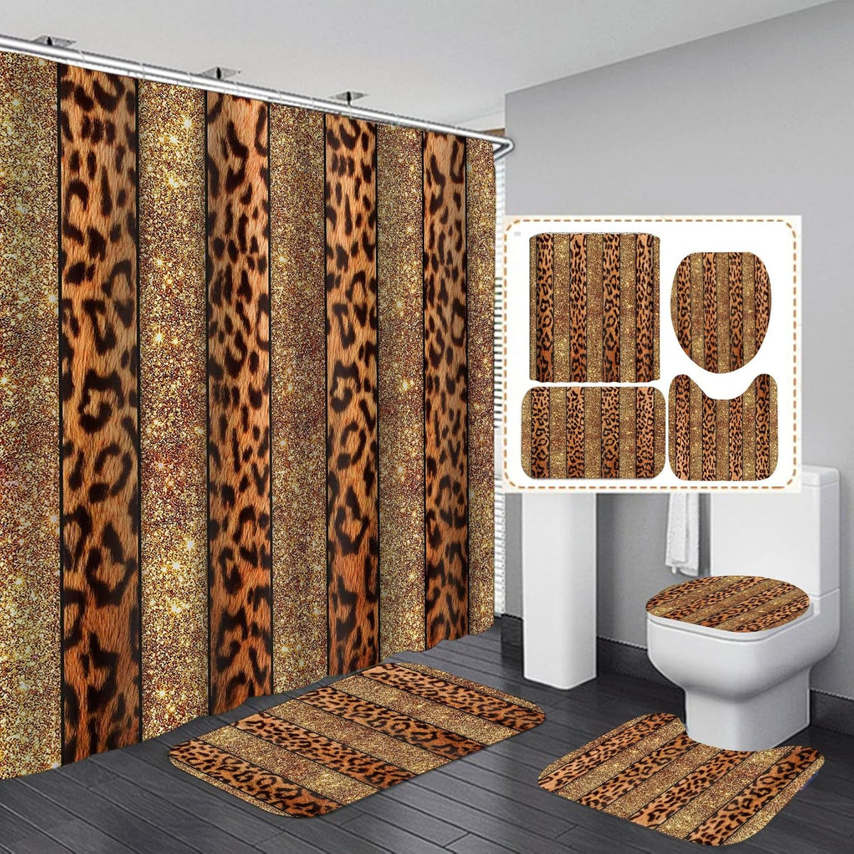 OLEBETY leopard print shower curtain set front view featuring gold glitter safari animal skin pattern.