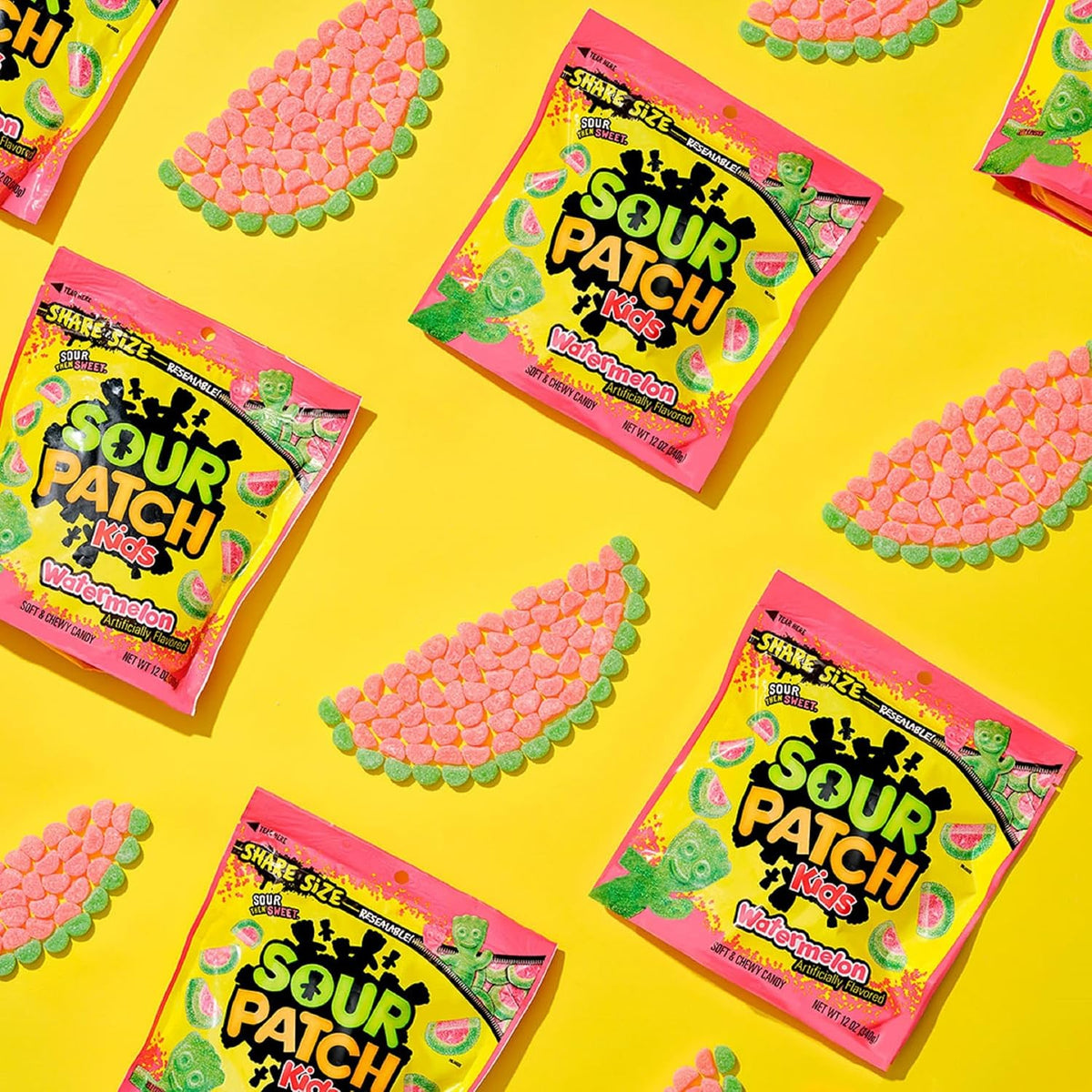 Lifestyle shot of Sour Patch Kids share size bag on a table