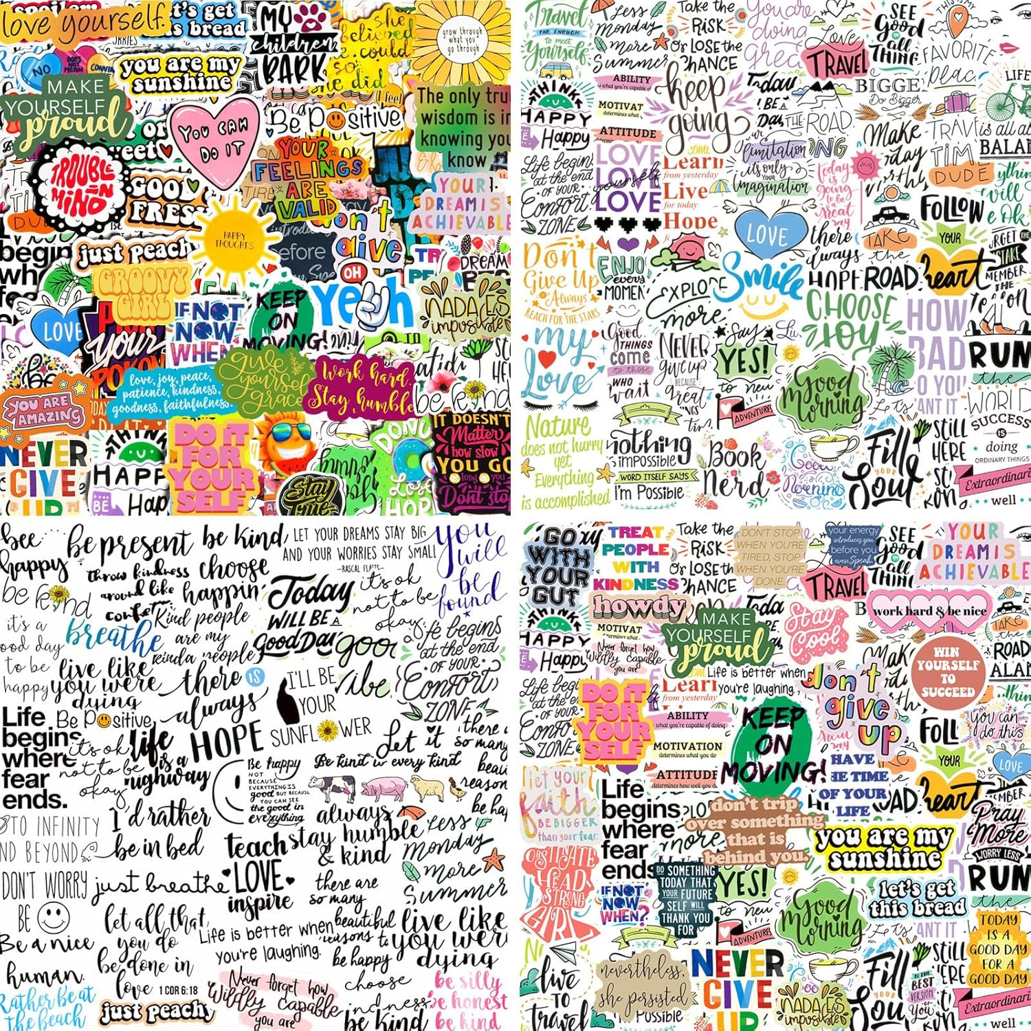 Yodeeni positive motivational words stickers 300 count front view of various colorful vinyl quote decals spread out on a table.