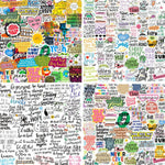 Yodeeni positive motivational words stickers 300 count front view of various colorful vinyl quote decals spread out on a table.