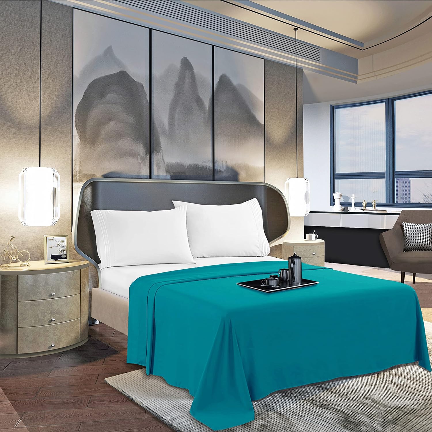 Mocassi hotel luxury 1800 premier cooling flat sheet queen teal front view displaying premium fabric texture