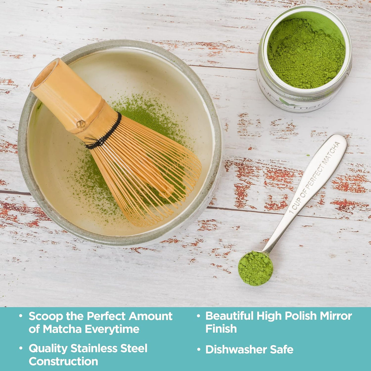 Pure Matcha metal scoop engraved handle detail