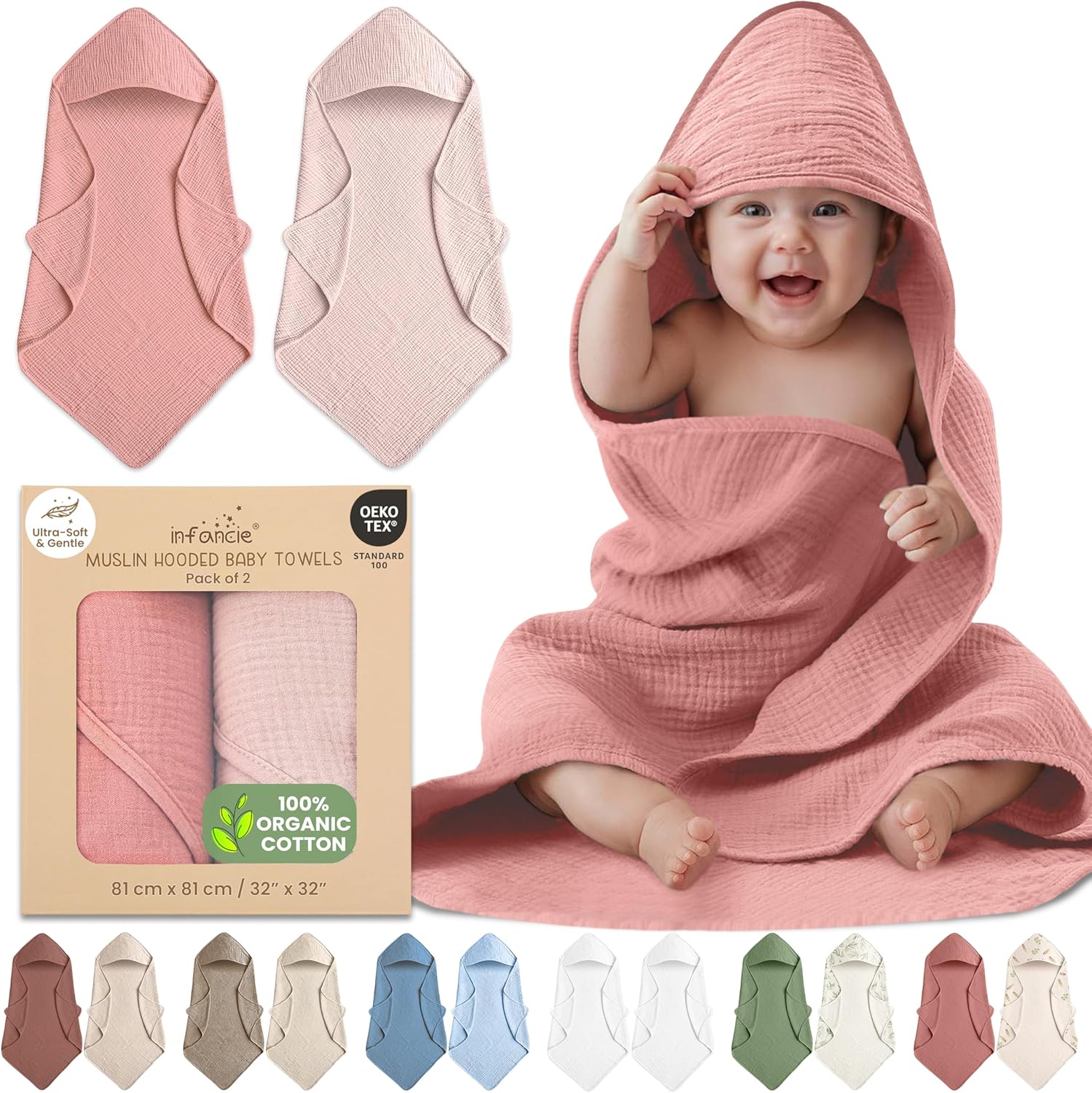 Infancie organic cotton muslin hooded baby towels front view