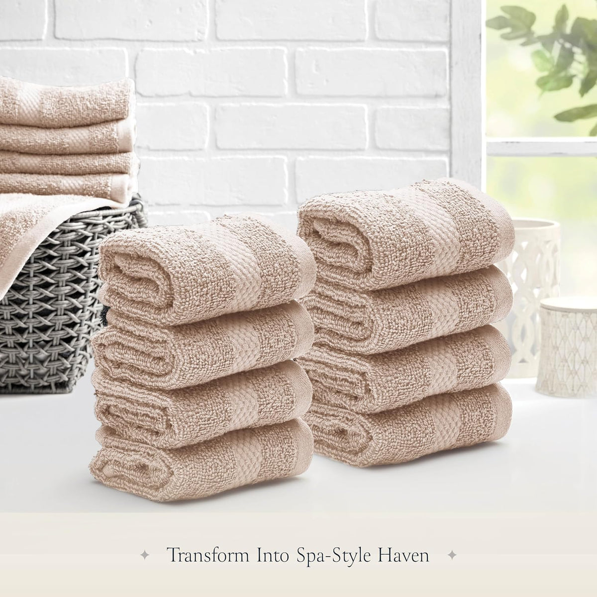 Set of Belador luxury 13x13 inch hand towels neatly rolled for travel