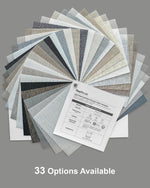 HeyBlinds electric light filtering blinds material samples displayed on window