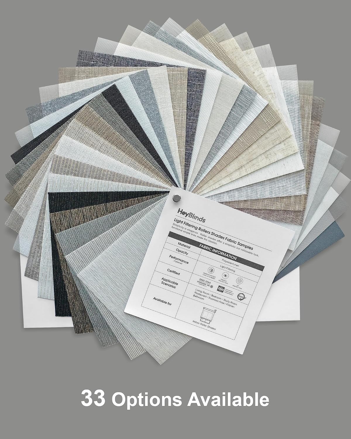 HeyBlinds electric light filtering blinds material samples displayed on window