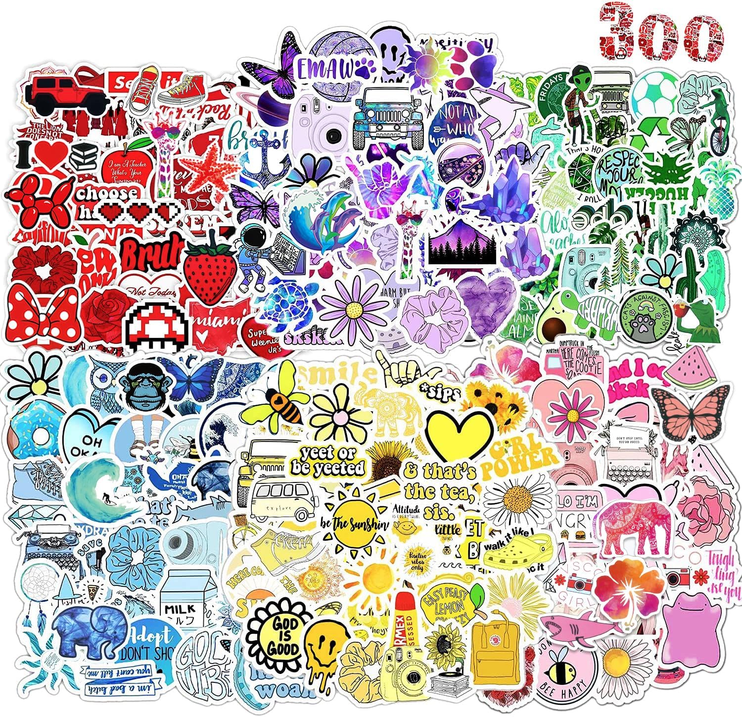 AIRNOGO 300 Piece Aesthetic Waterproof Vinyl Sticker Set front view showcasing colorful assortment of trendy graphics