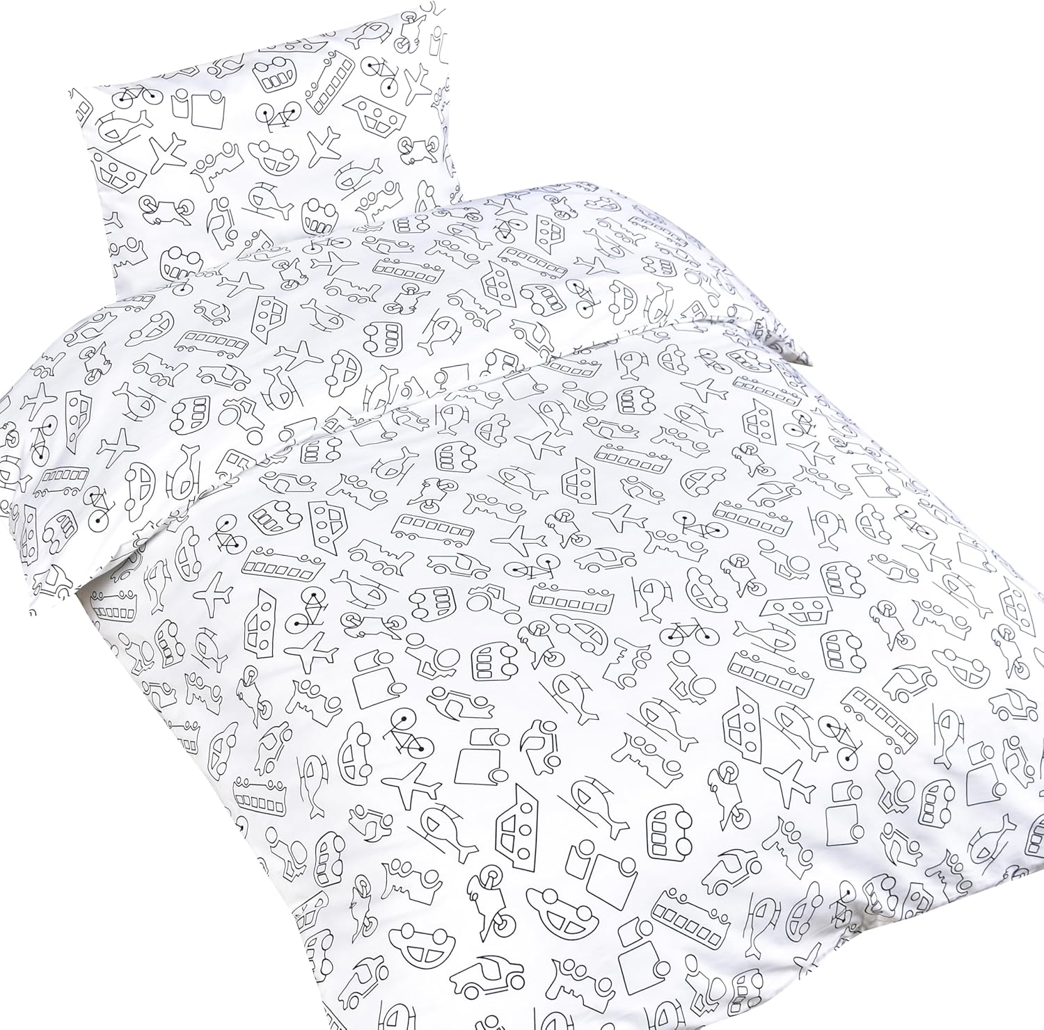 J-Pinno cartoon transport toddler duvet cover set front view showing colorful cars airplanes and ships pattern