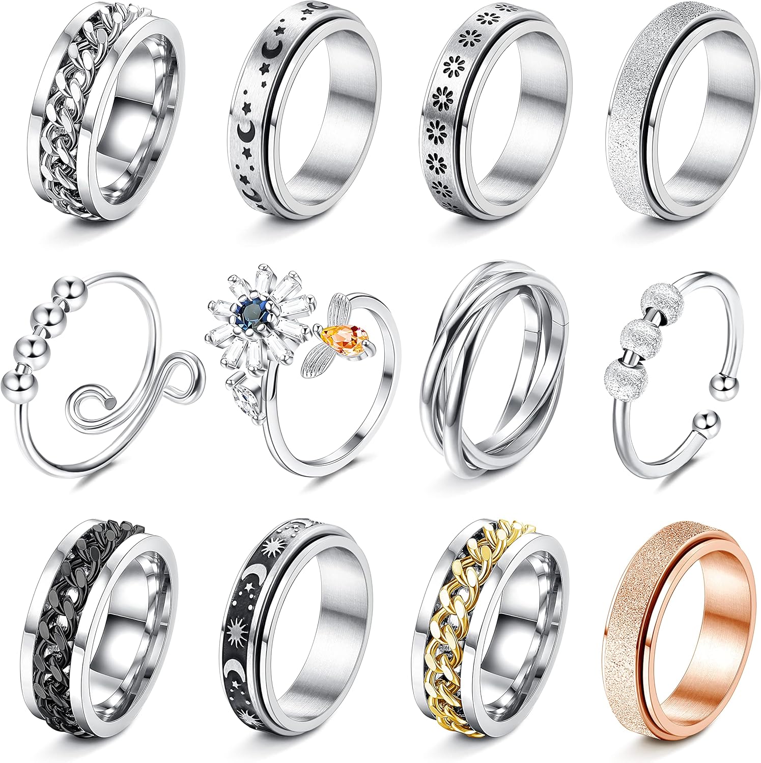 FASACCO twelve piece fidget anxiety rings front view showing assortment of silver colored spinner bands