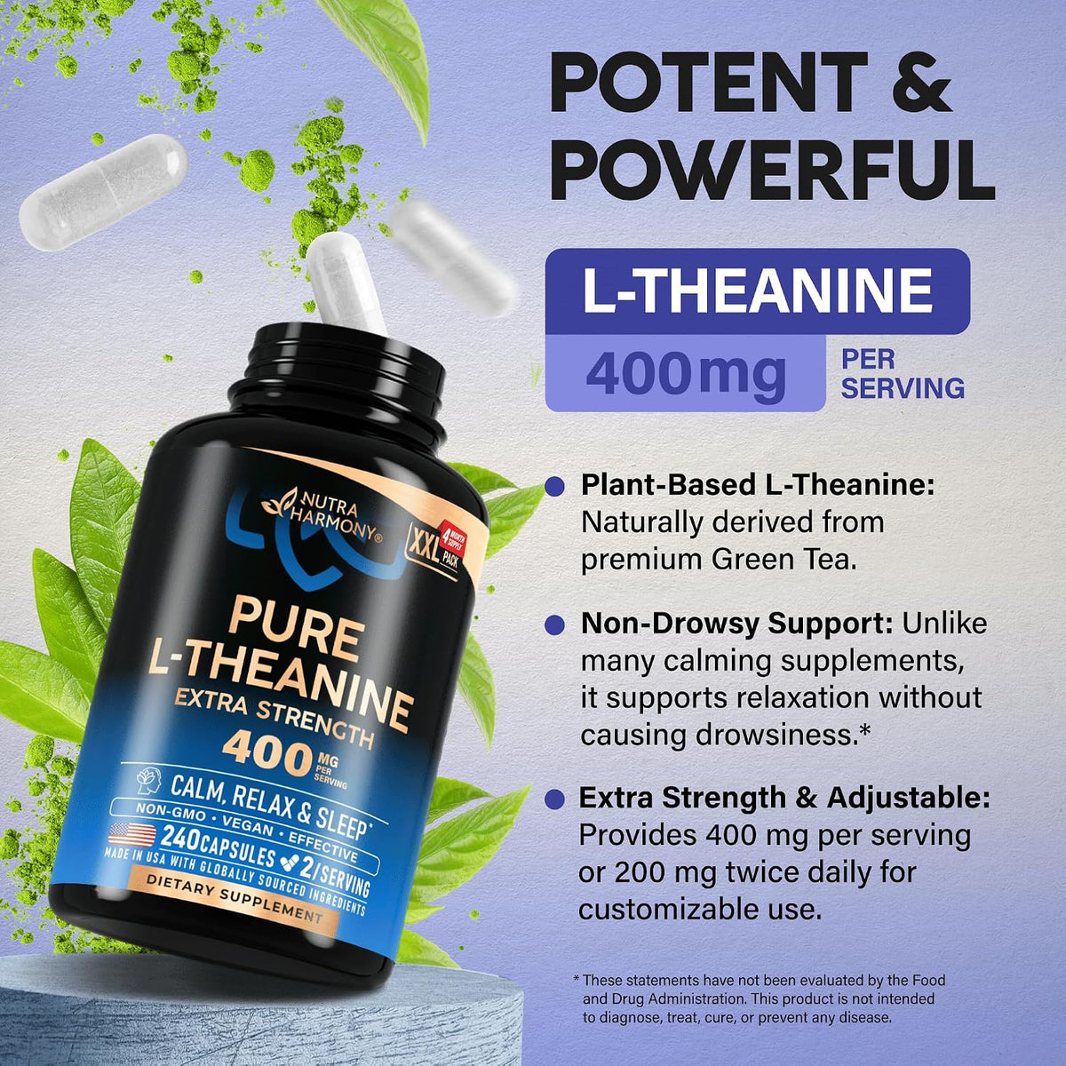NutraHarmony L-Theanine capsules container ingredients and usage guide