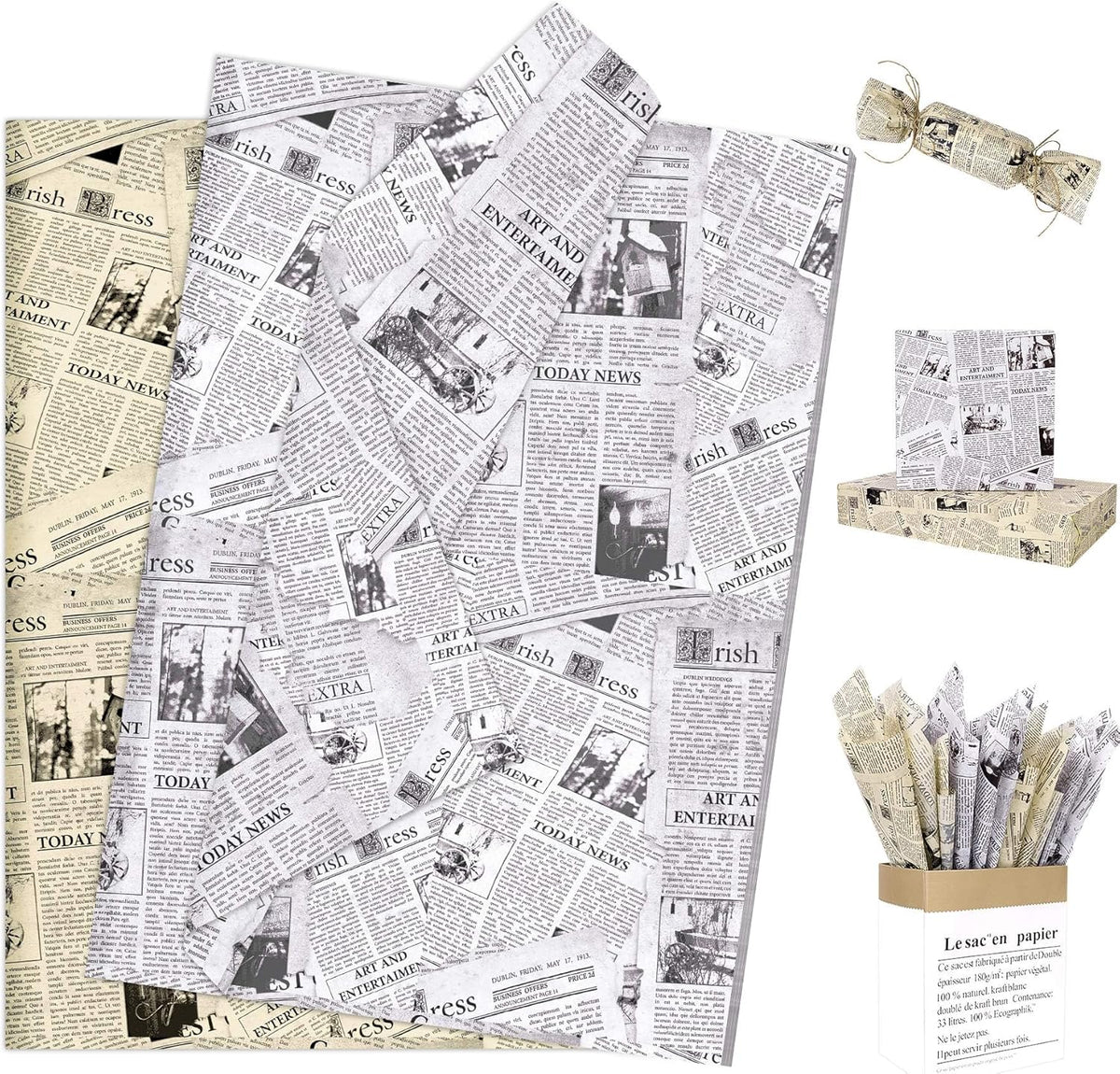 Larcenciel vintage newspaper tissue paper front view of the package showcasing the retro newsprint design.