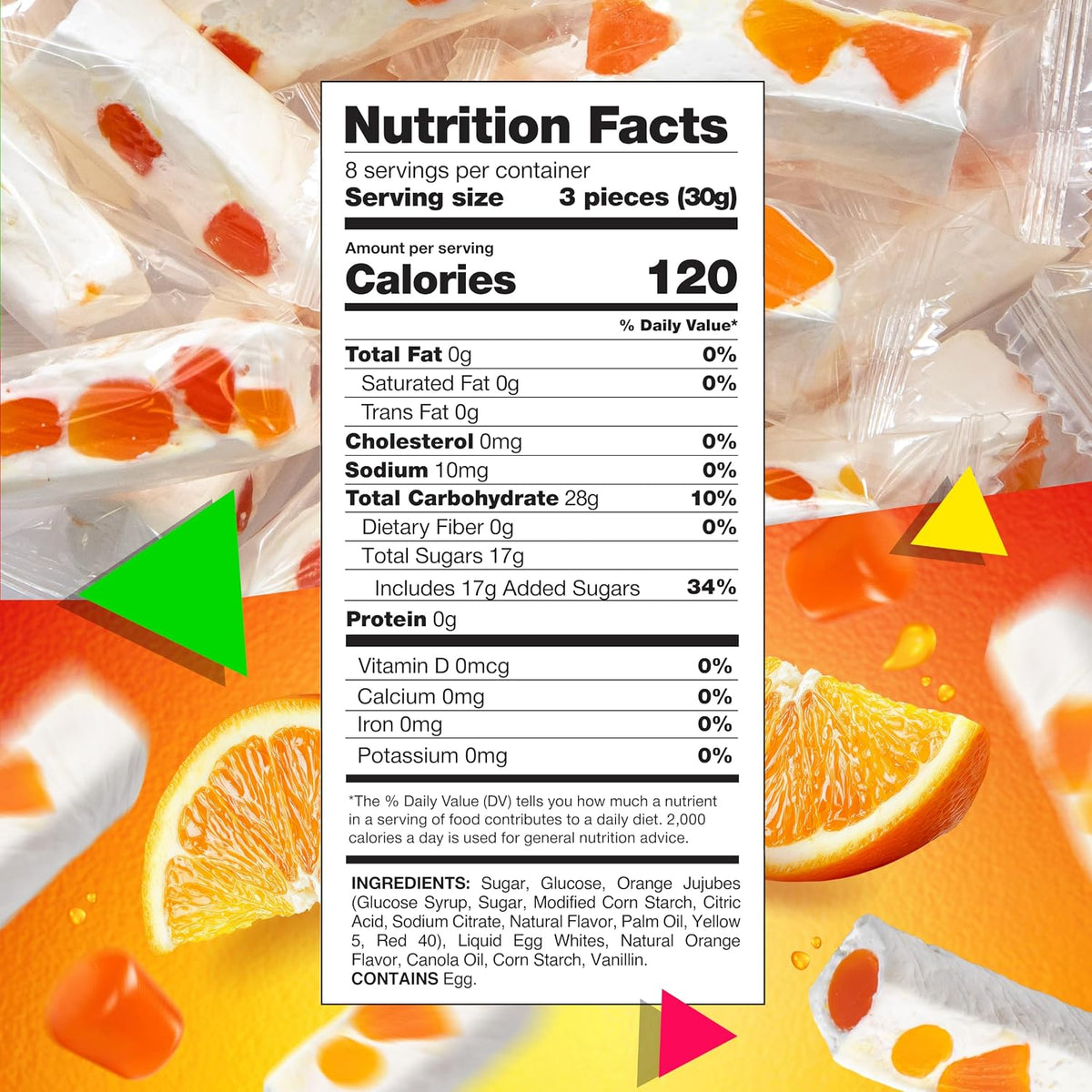 Individually wrapped soft Italian style nougat candies showing orange and lime jelly pieces.
