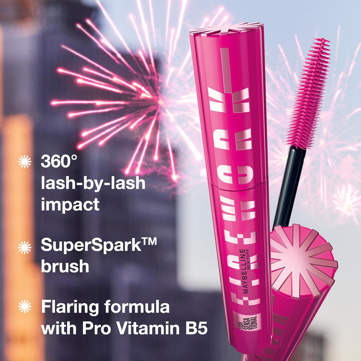 Maybelline Firework mascara applicator showing fanned lash effect